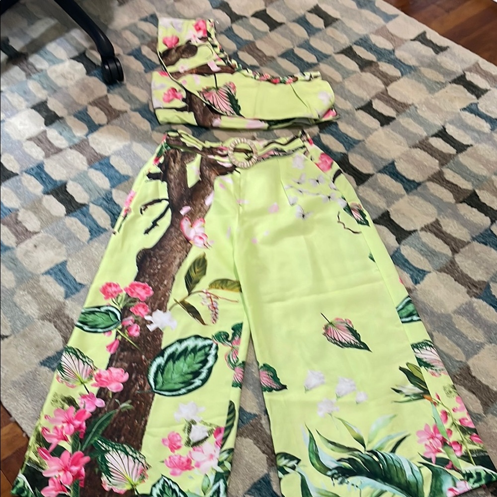 Cherry blossom print lime green woven top and pant two-piece set.